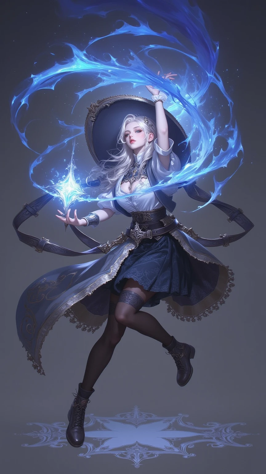 ((ultra best quality)), ((A very masterpiece)), ((The ultra-detailliert:1.4)), ((Ultra-Photorealistic 3D)), android mage girl, Mechanical body, Dynamic action poses in battle scenes, Mechanical weapons of very complex and heavy fighters, Off-the-shoulder fashion fused with detailed and intricate steampunk and detailed gothic ta, Complex steampunk headgear, very thin long legs、Mechanical boots above the knee、Fluttering lace flared mini skirt、 beautiful small breasts directed upwards、rather long vertical curly silver hair moved by the wind,、Countless shining large spheres flying around、Lots of sparks cross and fly、Countless neon lights raining down from magic-invoking poses、Steampunk Factory、Complex and precise mechanical ruins、Very dark night background、Very dramatic and cinematic lighting。Lightning from the palm。Beauty manipulating lightning。Manipulate lightning at your disposal。Thunderbolt。Lightning。Lightning around。Lightning clings to the body。Giant Thunder。