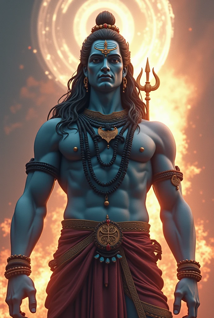 Include iconic symbols associated with Shiva, such as the trident (trishul), damru (drum), and sacred ash (vibhuti). 