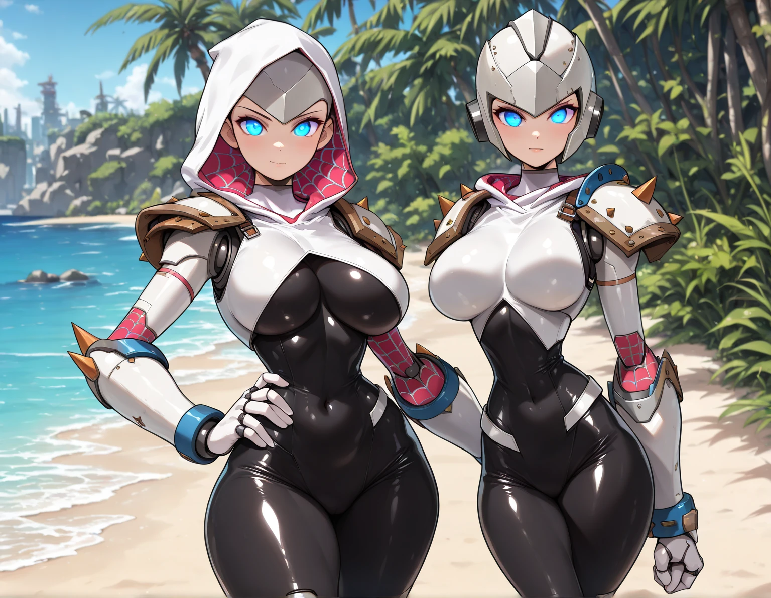 score_9, score_8_up, score_7_up, 2girls, Ela, ela elite \(Rainbow Six Siege\),ela, ela \(Rainbow Six Siege\,serana, voutfit, red eyes, slit pupils, black lips,(((massive breasts))), oiled, overhead shot, cupping breasts