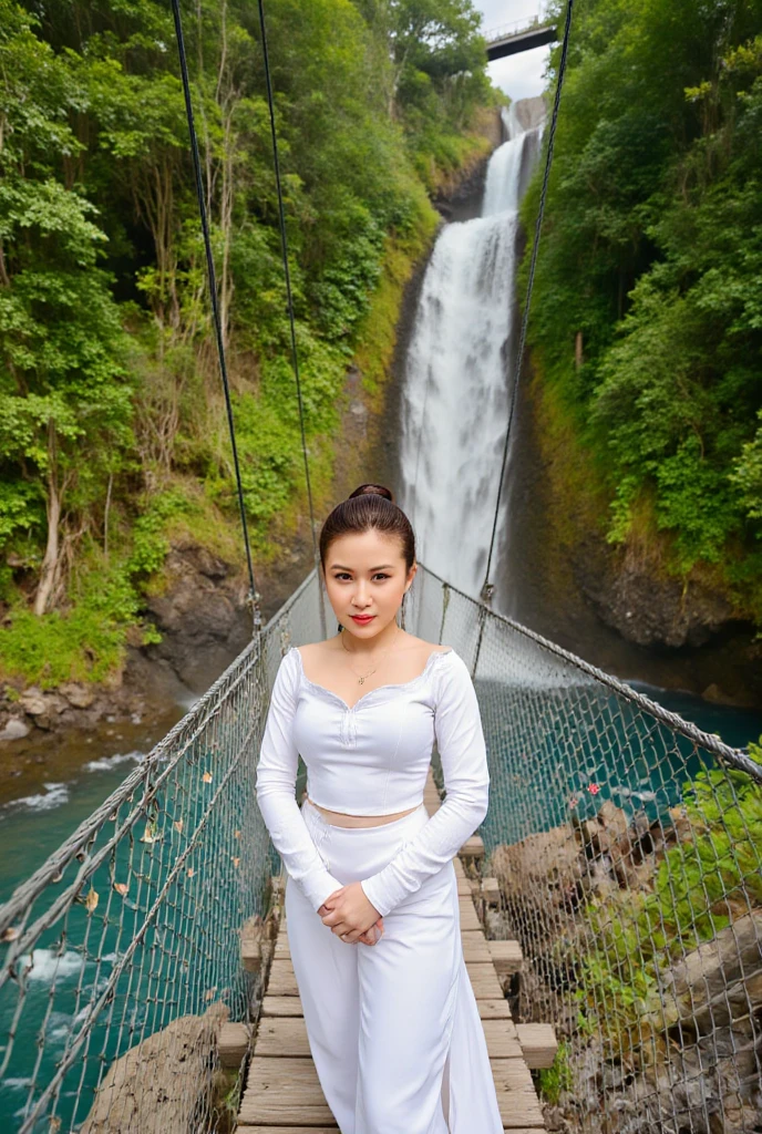 arafed woman in a pink top standing in front of a waterfall, next to a waterfall, standing in a waterfall, standing near a waterfall, waterfalls in the background, with a waterfalls, waterfall in the background, bathing in a waterfall, standing in front of a waterfall, with waterfalls, standing inside a waterfall, in a cave with the waterfall