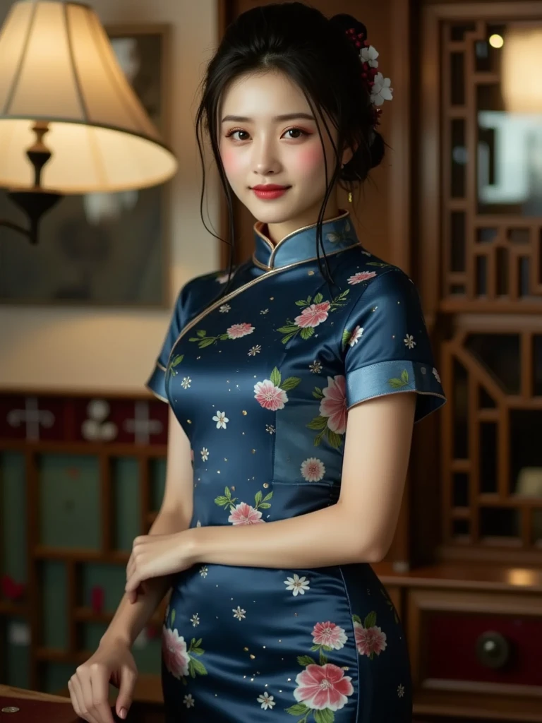 8K、Ultra-precise rendering、Photo Quality(16yo girl、a small face、Extremely beautiful face, natural make up)(fair white skin)(sparkly eyes、)、kawaii faces、Bright smile、、round large chest、Beautiful valley,thin-waist、big butts、Navy blue Chinese dress that shows cleavage,long,((poneyTail))ornamented,Inside the palace((very short mini cheongsam dress、sexy chinese dress、deep cuts on the sides、Intricate and intricate embroidery throughout the body,rhinestone))、((T-back panties))sensual pose、Medium full shot from behind、Knee depth angle