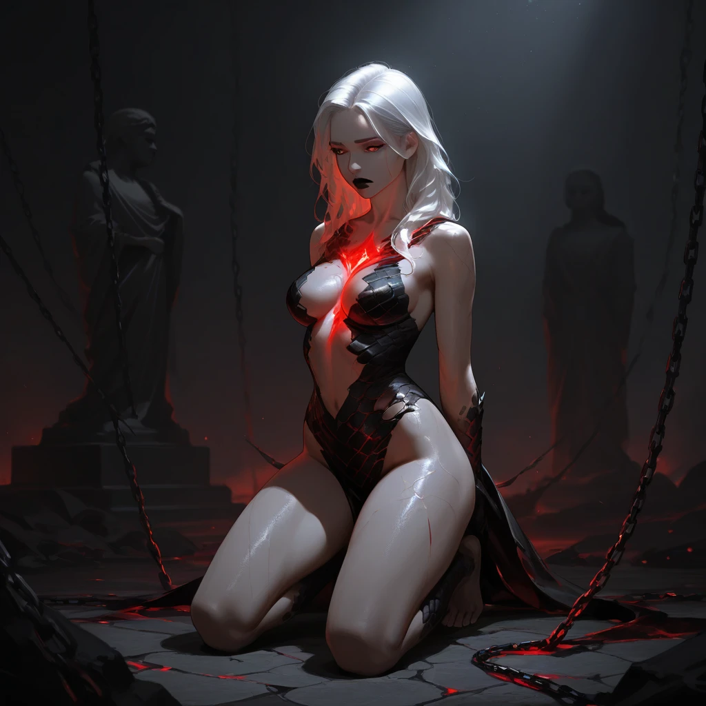 The image is in adult anime style cowboy bebop or Darker than black style with shadows and dim lights, anime style although somewhat adult and dark, It shows an adult woman, 30 year old albino mature woman with red eyes. naked. You can see his bare feet, high. Uneven wavy short hair. has clean toenails. Strong legs. She is crucified against a white marble pillar and pierced by a red spear in her eye., another spear in the chest, another in the abdomen and on one of his legs. anime style