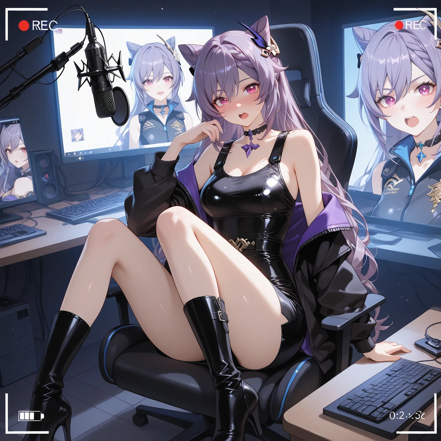 25 year old woman playing on the computer, she has round brown eyes, dark brown mid back hair, headset gamer, holding two gray cats with white stripes on his lap