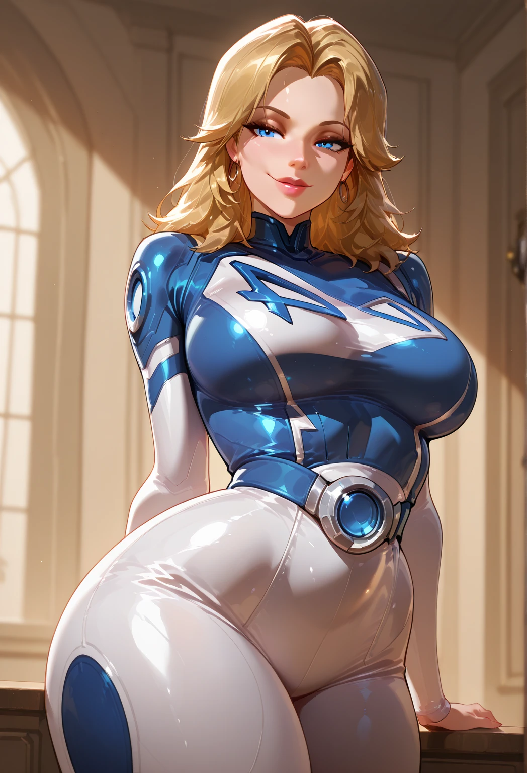 ((masterpiece)), ((high quality)), ((Super detailed)), ((High resolution)) , ((8K)),beautiful woman, ((She is one of Japan's most famous actresses.)), unparalleled beauty, ((big breasts:1.4)), ((big ass)), ((deep cleavage)), slim waist, Proudly, super detailed face, perfect skin, (((Waist-length hair, ((long and straight golden hair)), crossed bangs))), blue eyes, fine eyes, full body image, sexy, an inviting smile, sensual, (((anime))), ((glamorous)), 性的charm ,23 years old, ((incredibly beautiful woman)), ((H cup bust)), ((((sexy pose)))), ((Neat.)) , (((Power Ranger))), heroine, (((High Leg Riotard Power Suit, A blue power suit with a white line:1.4, Reinforced powered suit))), ((beautiful breasts)), beautiful feet, 8 life size, anime:1.4, Wet, The most beautiful、strongest, ((charm)), ((sculpture installation)),((British Beauty)),