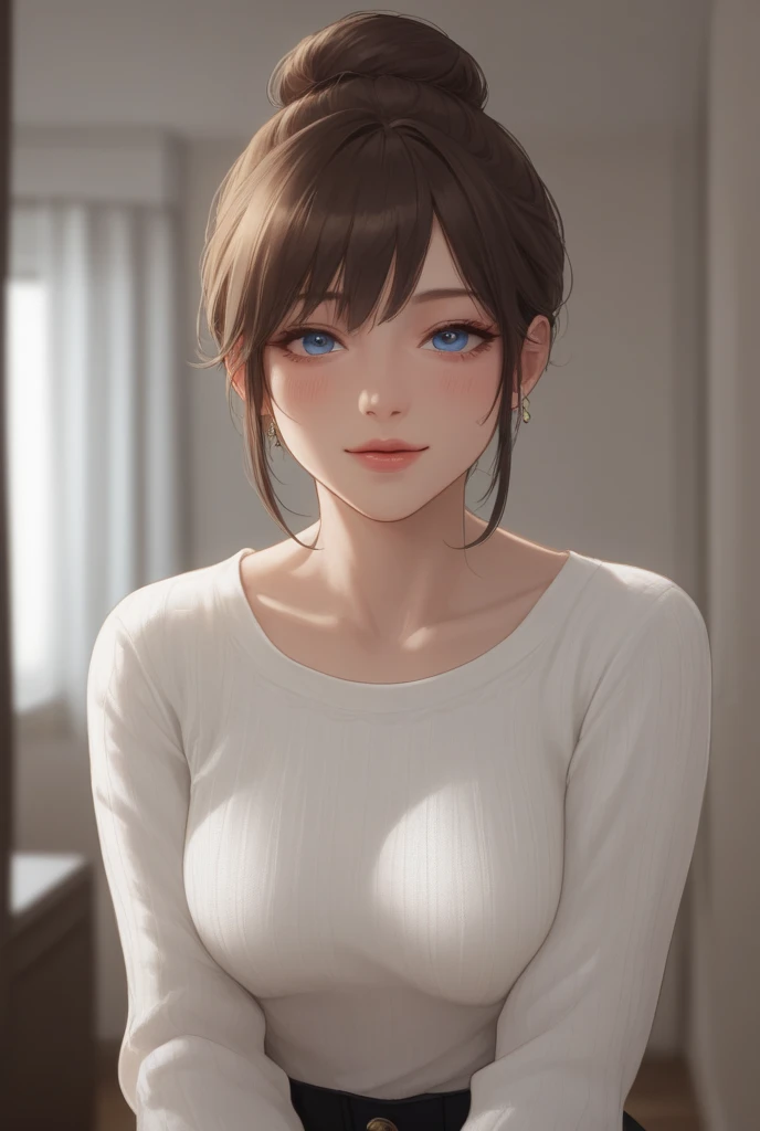 Random sexy poses,School uniform,1girl in,(Ultra detailed skin),Curve,Petite,Beautiful breasts,Large breasts,pale skin,pointed breast,Erect nipples,(Fantasy Art,Highest image quality,Hyperrealist portrait,(8K),Ultra-realistic,Best Quality, High quality, High Definition, High quality texture,high detailing,Beautiful detailed,fine detailed,extremely details CG,Detailed texture,realistic representation of face,masutepiece,presence,Dynamic,Bold),Bob Hair,(Thin hair),(Soft hair),(Straight hair:1.5),Swept long bangs,Extra bright coppery amber hair,Hair over one eye