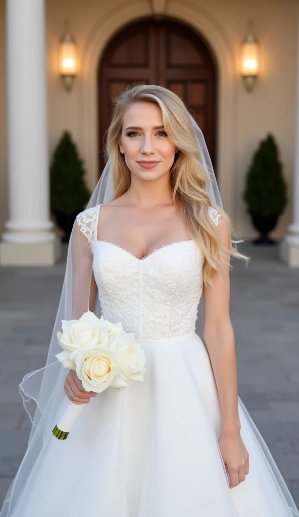 Blonde model in vintage wedding dress, posing in a flower garden, with roses and an arch of white flowers in the background