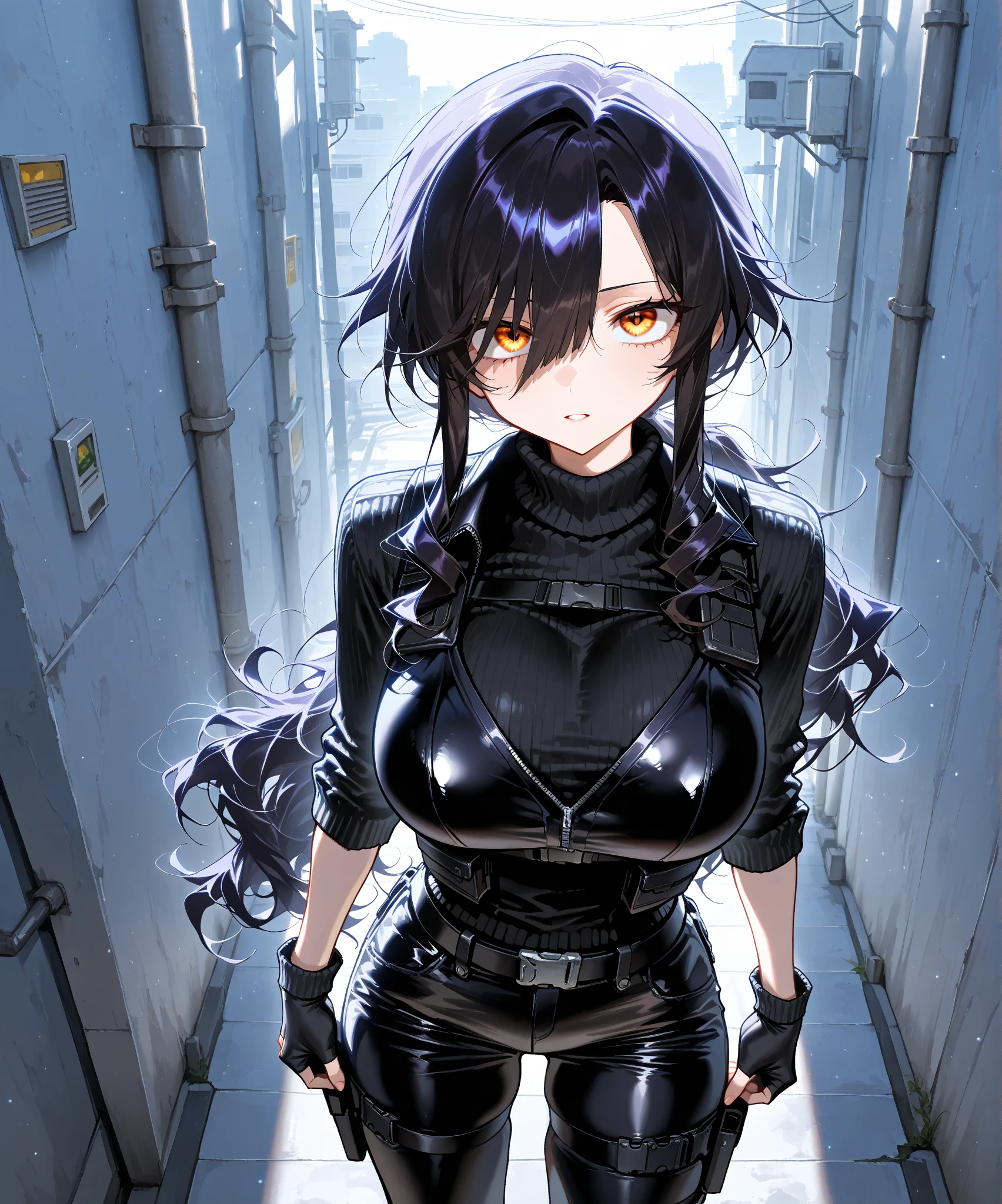 (masterpiece:1.4),(best quality:1.4),  soft lighting, cinematic bloom, beautiful face, beautiful eyes, cowboy shot,
Annerose, 1girl, solo, female mature, black hair, long hair, (yellow eyes:1.4), large breasts, bodysuit, higheels, shiny clothes, skin tight, hair intakes, covered breasts, sideboob, exquisite eyes detail, exquisite character design unity details 8k hdr, professional art, landscape, (solo:1.5, cowboy shot:1.5)
