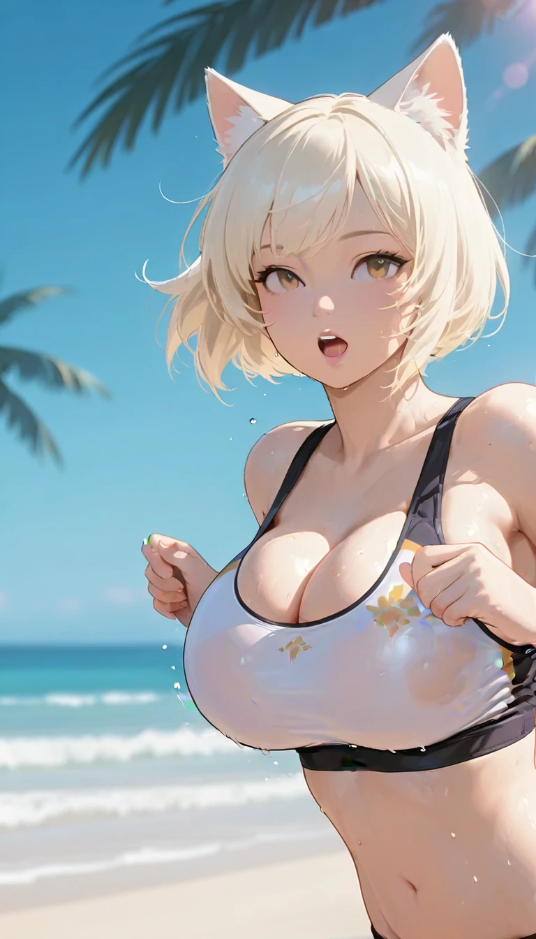 ((((masterpiece, best quality, high resolution)))), Extremely detailed 8K, Beautiful girl with voluptuous body, (Ultra HD, Ultra-detailed, Highly detailed, Highly realistic, Ultra-realistic, photograph realistic), (1girl:1.5), (Realistic white hair), short wavy hair, bob cut, (dynamic poses), facing at camera, light smile, purple eyes, average breasts, cleavage, blush, (beautiful detailed face, beautiful detailed eyes), (white bikini, wet bikini), glow, (beach, sunbeam, sunlight), (nsfw:1.5)