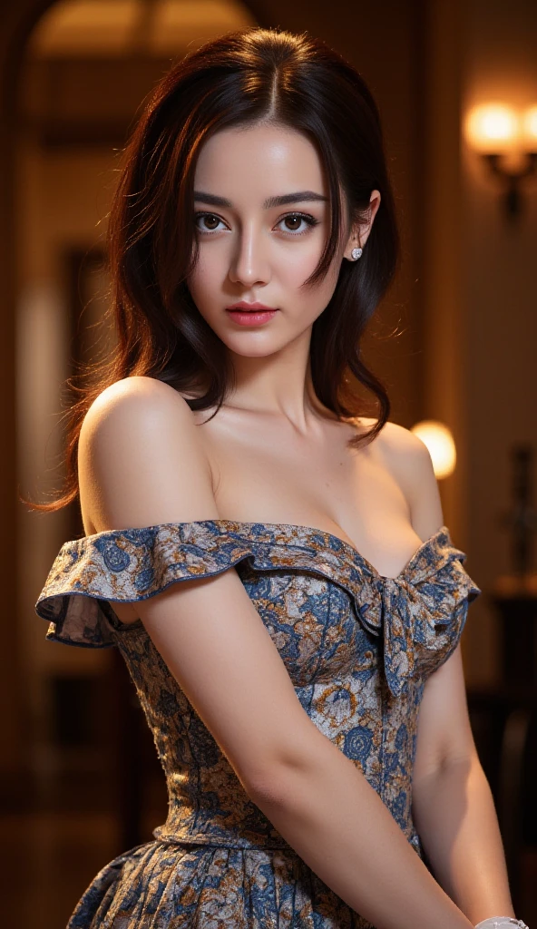 (masterpiece), best quality, expressive eyes, ultra detailed, intricate details, mature woman, looking at the viewer from side, holding up her decolletage with her hands, squeezing her breasts and revealing nipples slightly, soft blush, soft smirk, bright lights, ((in the ballroom, 1girl)), (detached sleeves, shiny skin, bare shoulders, plunging v-line strapless gown, collarbone, black plunging v-neckline), parted bangs, black hair, hair ribbon, blue eyes, two side up