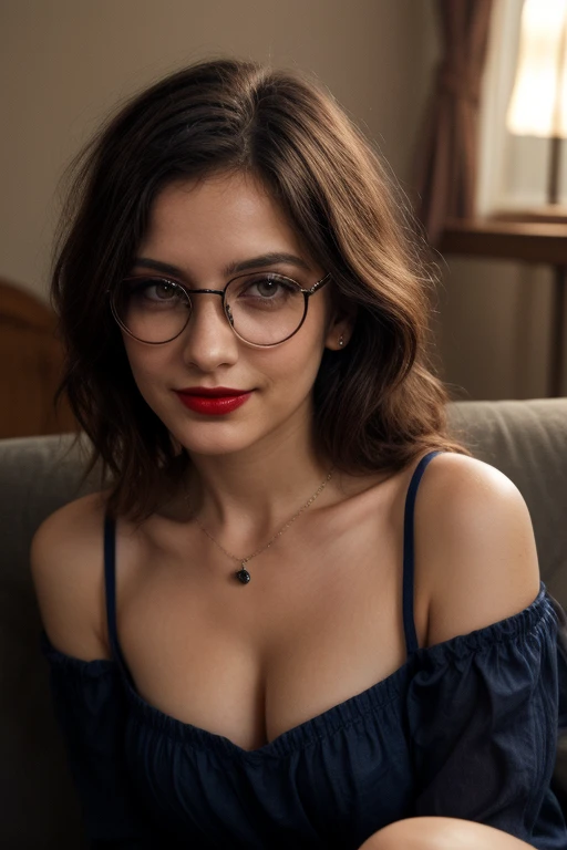 Merlyn Monroe look alike, Wearing glasses, With dark red satin clothing, very realistic, looking directly at the camera, highlighting his expressive face and his elegance, highly detailed, elegant, slate atmosphere