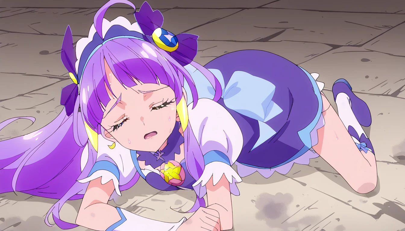 cureselene, precure, score_9, score_8_up, score_7_up,anime screencap, source_anime,1girl, solo, open mouth,outdoors,park,looking at viewer,Closed eyes, face of pain, Lie down on back the floor ) (Close your eyes) (It hurts a lot 1.7),Defeated,Damage,exploding clothes,revealing clothes, revealing,scared,panicking,screaming,raised eyebrows,crying,tears,half-closed eyes,sweat,sweatdrop,BREAK bdsm,bound,restrained,(((too many tentacles, tentacles,bound by tentacles, bound neck by tentacles,midair,
