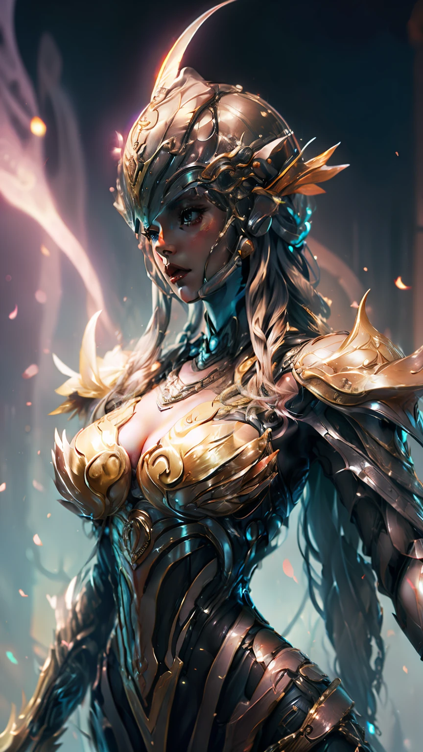 close up a beautiful biomechanical cyborg with advanceed weapons, golden glow, full color painting ,fantasy forest background, insane details, intricate details, hyperdetailed, low contrast, soft cinematic light, exposure blend, hdr, front, Aleksandr Khodorovsky