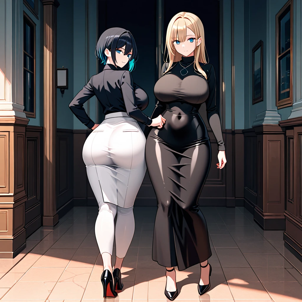 caricatura de dos mujeres vestidas de negro, grueso, compartiendo butt, incredibly inflated hips, estilo anime ecchi, high resolution commission, lindosexyrobutts, full body commission for, androide 18, cel - shading art style, Caderas anchas, trasero bien formado, inspirado en Wang Duo, oc commission, (SFW) seguro para el trabajo, 2 heads, two heads