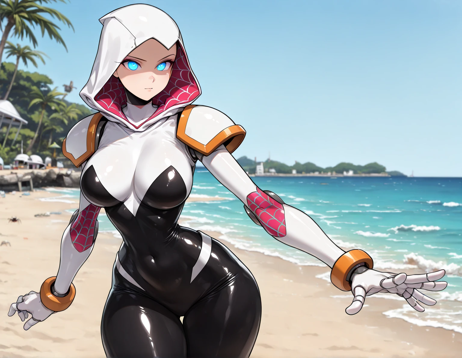 Robot girl at the beach, large metal hips, wearing a hood with a cape, perched on a rock, near a palm tree, exposed mechanical joints, massive enormous thighs, huge butt, enormous legs, cool robotic mask, cyclops, super tall, one person,