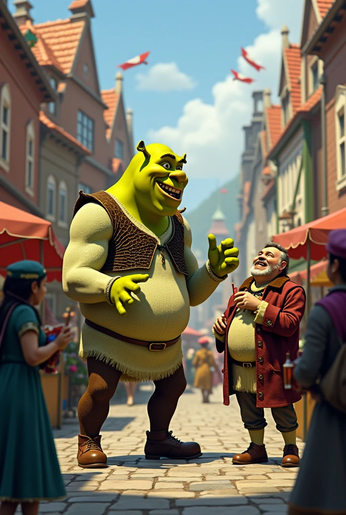 A cartoon-style depiction of shrek and The scene is vibrant and filled with whimsical details, capturing the adventurers' animated expressions as they share tales of their journeys over a hearty meal. The restaurant is adorned with exotic decorations, hinting at the many cultures they've encountered. <lora:herowars:0.85> <lora:Shrek1024:0.4> Shrek1024