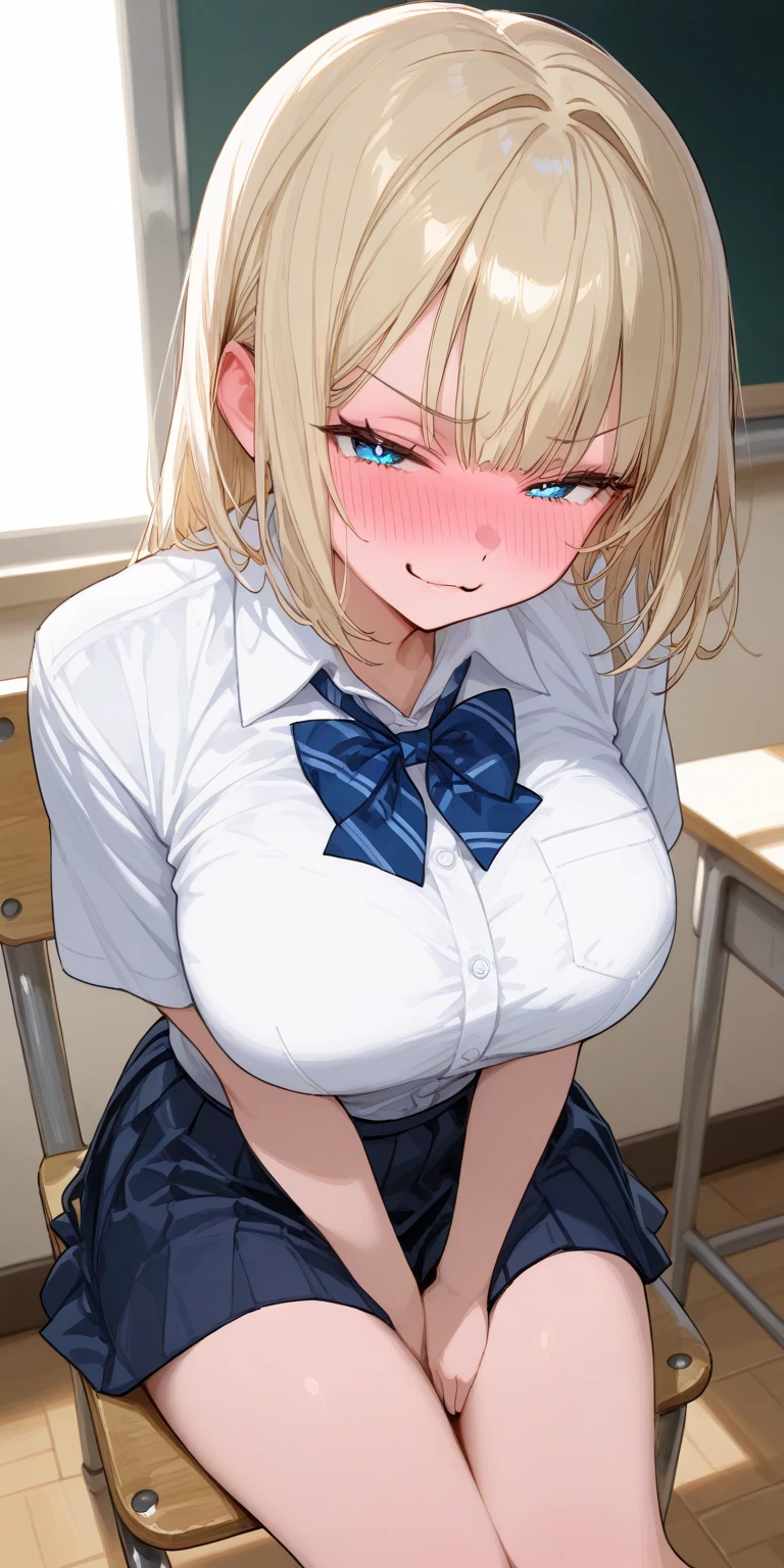 masterpiece, best quality,absurdres,(1 girl:1.3),(upper body:1.2),,(embarrassed expression:1.3), ,(blue black:1.3), shiny hair,,(light brown eyes:1.1),flipped hair,,BREAK,(naked blazer:1.3),(nipple:1.3),(large breasts:1.1),(classroom:1.1),(from above:1.1),