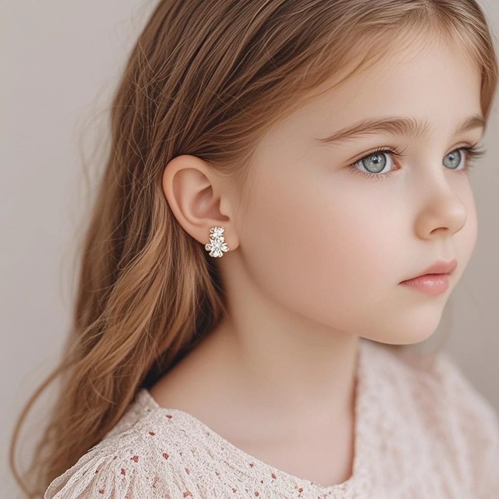 CHILD girl with long hair BLONDE wearing a white sweater and muffling black ears.