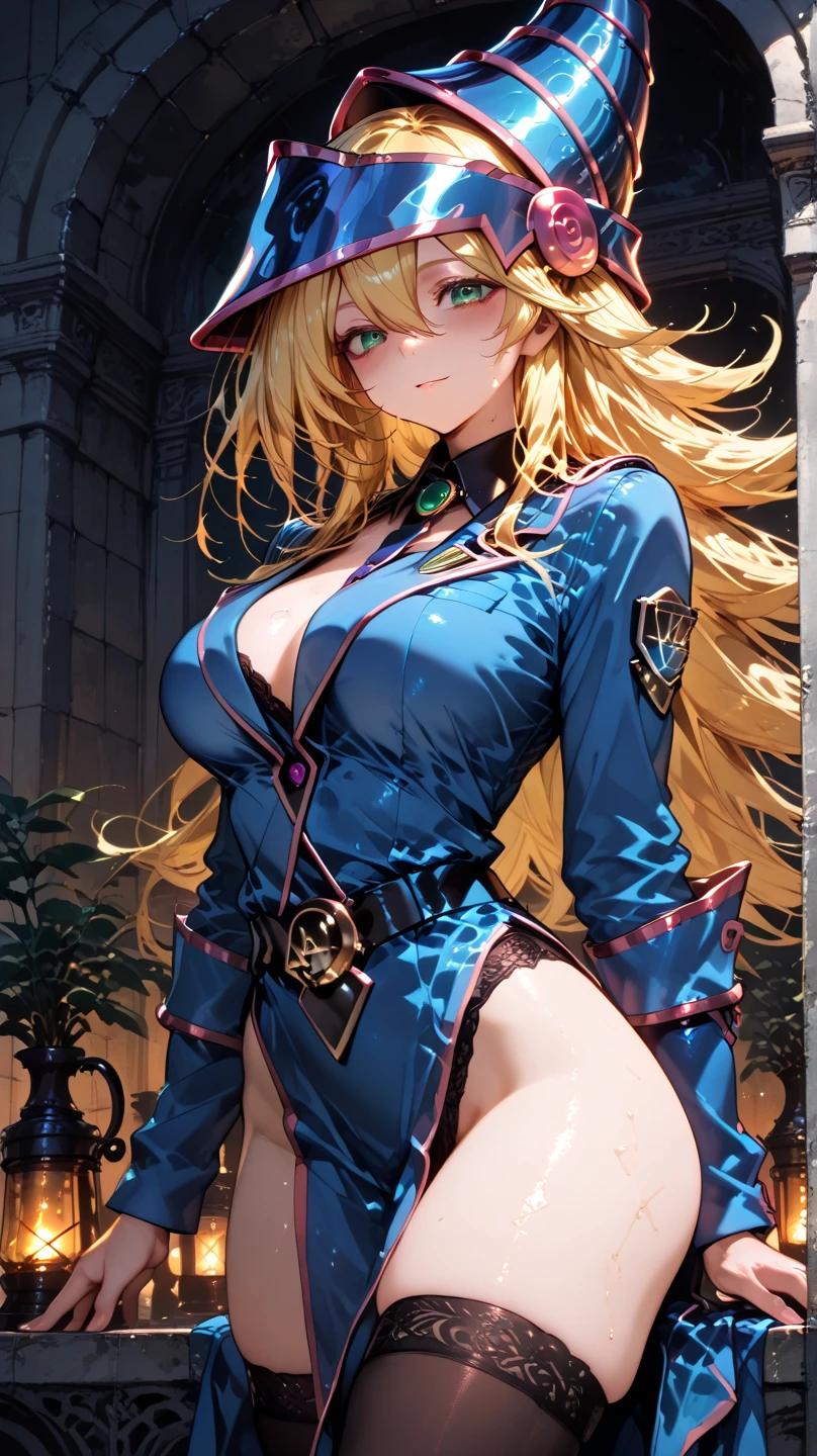 A anime girl stand in blue and gold outfit near a wooden table background golden