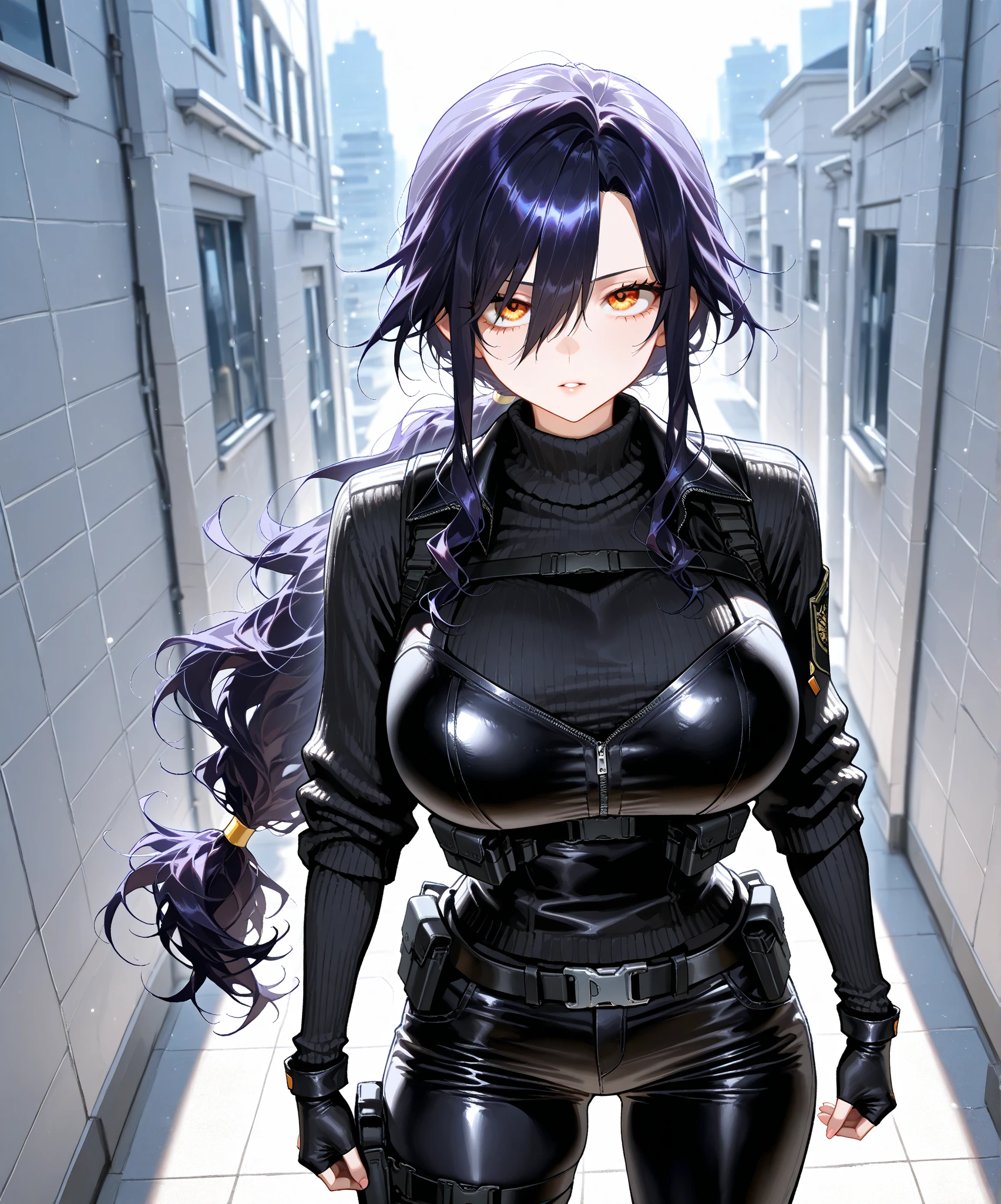 kusanagi motoko, Purple colored hair, red eyes,Anime style woman wearing black tights， anime《Fantasma na Concha》Curly, kusanagi, Misato Katsuragi, Inspired by Morikage Hisumi, anime, Fantasma na Concha, Ghost in the Shell style,seductive anime girls, Anime cute art style, smooth anime cg art, thicc, Anime girl wearing black dress, photorealistic anime girl rendering, ECCHI anime style, realistic anime 3D style, attractive anime girls, [ 4K digital art ]!!