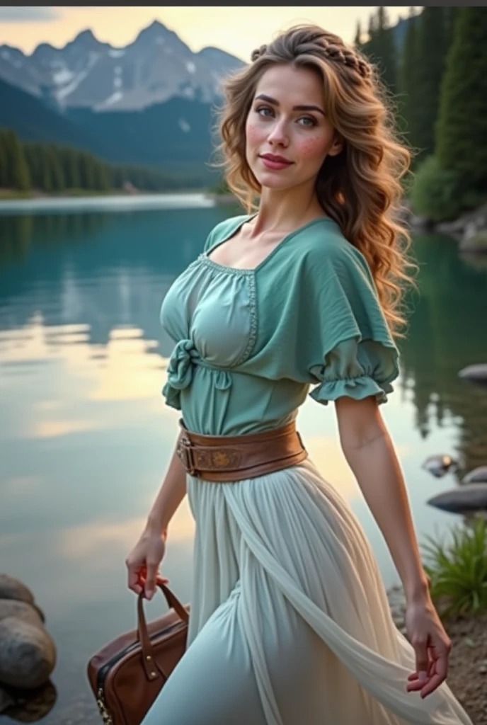 cherry-Red Haired women with matallic-gold highlights. Woman, Messy Hair, Pale Skin, Red Lips, Overlooking Mountain Valley, Alpine Lake. Dress Wth Woodcut Patterns, Black Knee-Length Pleated Skirt Wth Blue Embroidery, Norwegian V Neck Sweater With Rosemaled Designs. Midriff Wide Smile, Eyes Detailed & Wide,Dynamic Pose. Digital Painting, 4K Ultra HD, Rococo-Inspired Fantasy Art With Intricate Details. Cute, Charming Expression, Alluring-Gaze, Beautiful Blue Eyes, An-Ideal-Hourglass-Figure. Nina Debrov. Large Youthful Well-Shaped Bosom, Large-Hiney. Large-Round-Bosom. turning. Full Length Side Profile. Kim Kardashian
