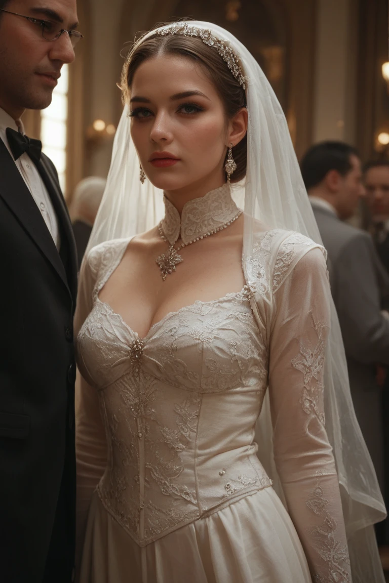 Face of Sophie Turner, Sansa Stark played by Sophie Turner, the de facto Lady of the Eyrie, is a 40-year-old mature queen with a stunning, alluring appearance. Regally standing amongst elderly senior robust councilmen:1.2. Full Face, Full figured woman, pierced eyes, reddish lips, (half body shot:1.2), erotic Mediaeval lewd off-the-shoulders sleeveless costumes, game of thrones costumes, satin-silken regal gloves, decorated jewelries befitting for regal noble lady, [She wears a Game of Thrones-inspired off-the-shoulders sleeveless costume and has a deep cleavage plunging neckline with heavy mommy milkers], a perfect thick body, and a perfect fleshy thick figure. Thick fleshy arms. Naturally heavy mommy milkers. Perfectfully sculpted collarbones. [arm behind my head]. Surrounded by elderly senior male councilmen:1.2. Body worships. The photograph captures DSLR shot, with her skin texture and facial features being ultra-realistic and realistic. Juicy thick figure, high quality skin, Skin pores, amazing details, snow, snow flakes, semi realistic, extremely detailed eyes, dark moody orange and black settings, cool environment, artificial intelligence