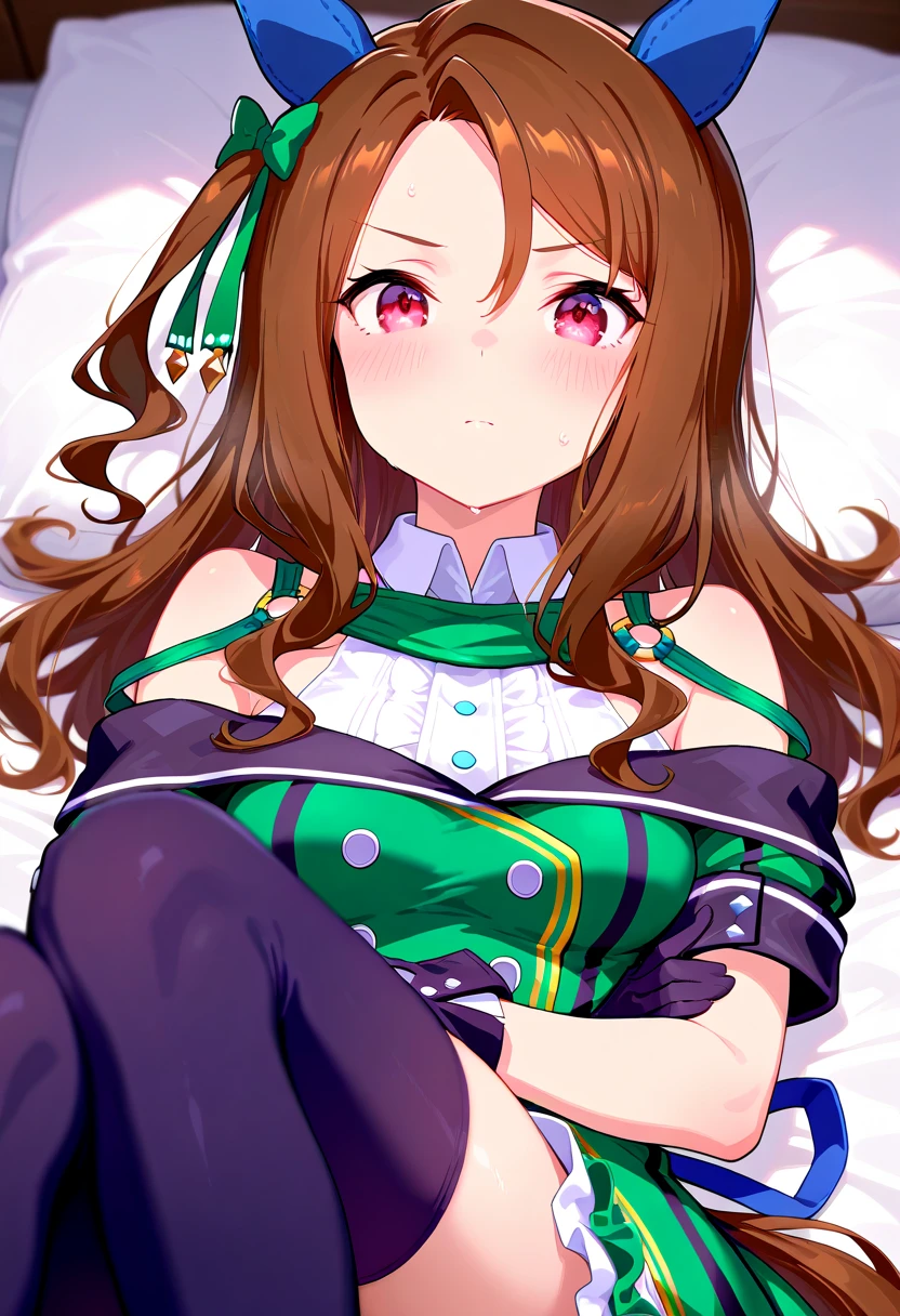 masterpiece, best quality, 1 solo girl, brown hair, green eyes, long hair, medium breasts, sexy body and face, wavy hair, smile, sleeveless sweater, scarf, black thigh-high, mini skirt, pendant, bracelet, jewelry, earrings, feather hair ornament, book, lying at the bed, night, sexy pose, cowboy shots, detailed body, face, and eyes, sharp focus, vibrant, creative, dynamic, high definition, high resolution, 8k, (Upscale: R-ESRGAN 4x+ Anime6mage enchance:4x), voluptuous body, cinema lightning, dakimakura style, looking at the viewer, single braid