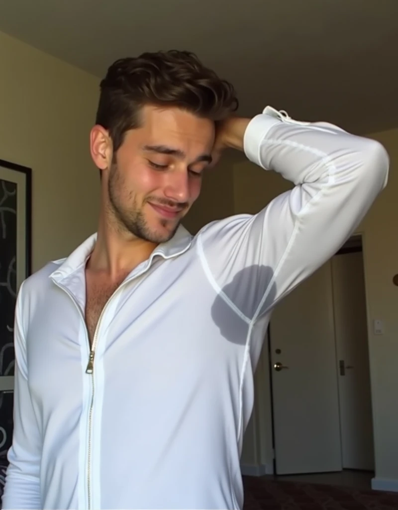 A mirror selfie of a bkack haired european man wearing a white shirt and and balck Pants (thong:1.2), casual photo, smiling