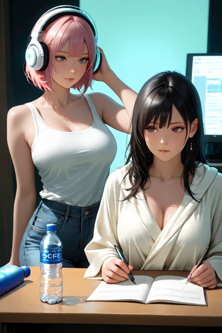 Render a top-quality image of two 18-year-old girls in a nerdy gaming room having a sleepover. The first girl has a heart tattoo on her right shoulder, long purple hair, and blue eyes. She is wearing a black navel crop top and jean shorts, highlighting her slender figure and best bust of 85. She is sitting in a gaming chair, slouched with a smile, holding a gaming controller. The second girl, her girlfriend, has long pink hair and green eyes. She is wearing a white tank top and denim shorts, showing off her fit and curvy figure. She is standing behind the gaming chair, leaning in with a smile, holding a second controller. Both girls are adorned with chain accessories, black wristbands, and gaming headphones.
The background features a cozy, neon-colored room filled with various nerdy and gaming paraphernalia, including posters, action figures, and gaming consoles. The room has a gaming PC on a desk, a gaming chair, and a bed with plush pillows and blankets to enhance the sleepover ambiance. The image should exhibit high-quality visual artistry, with intricate details and a warm, inviting atmosphere, capturing the fun and relaxed vibe of a gaming sleepover.