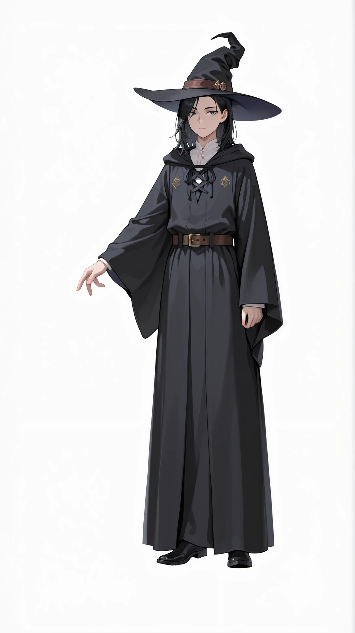 1boy, solo, looking at viewer, medium hair, simple background, black hair, long sleeves, hat, white shirt, white background, closed mouth, standing, full body, boots, belt, wide sleeves, black footwear, amber eyesblack headwear, witch hat, robe, medieval clothes,
(mature, exquisite detail, 8k, 4k, sharp focus, ultra-detailed, detailed background, absurdres, best quality, amazing quality, very aesthetic, high resolution, newest, hyper-detailed:0.78)
