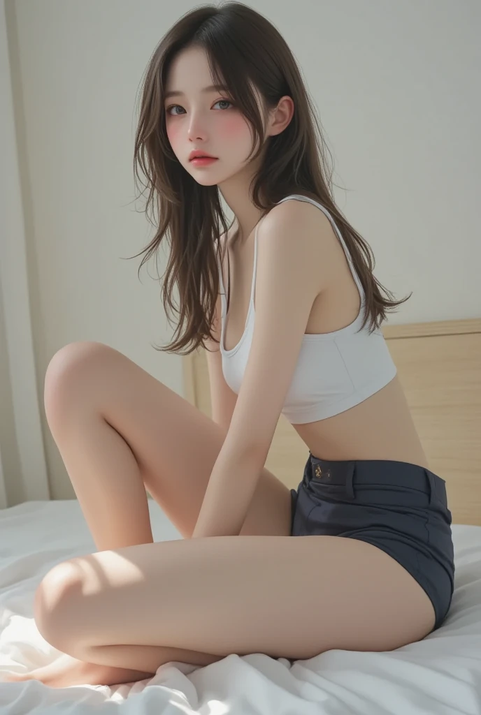 M-shaped legs、Bedroom、Lie down in bed、take off your clothes、Sports underwear、Elementary school girl、Large-scale full-body shot