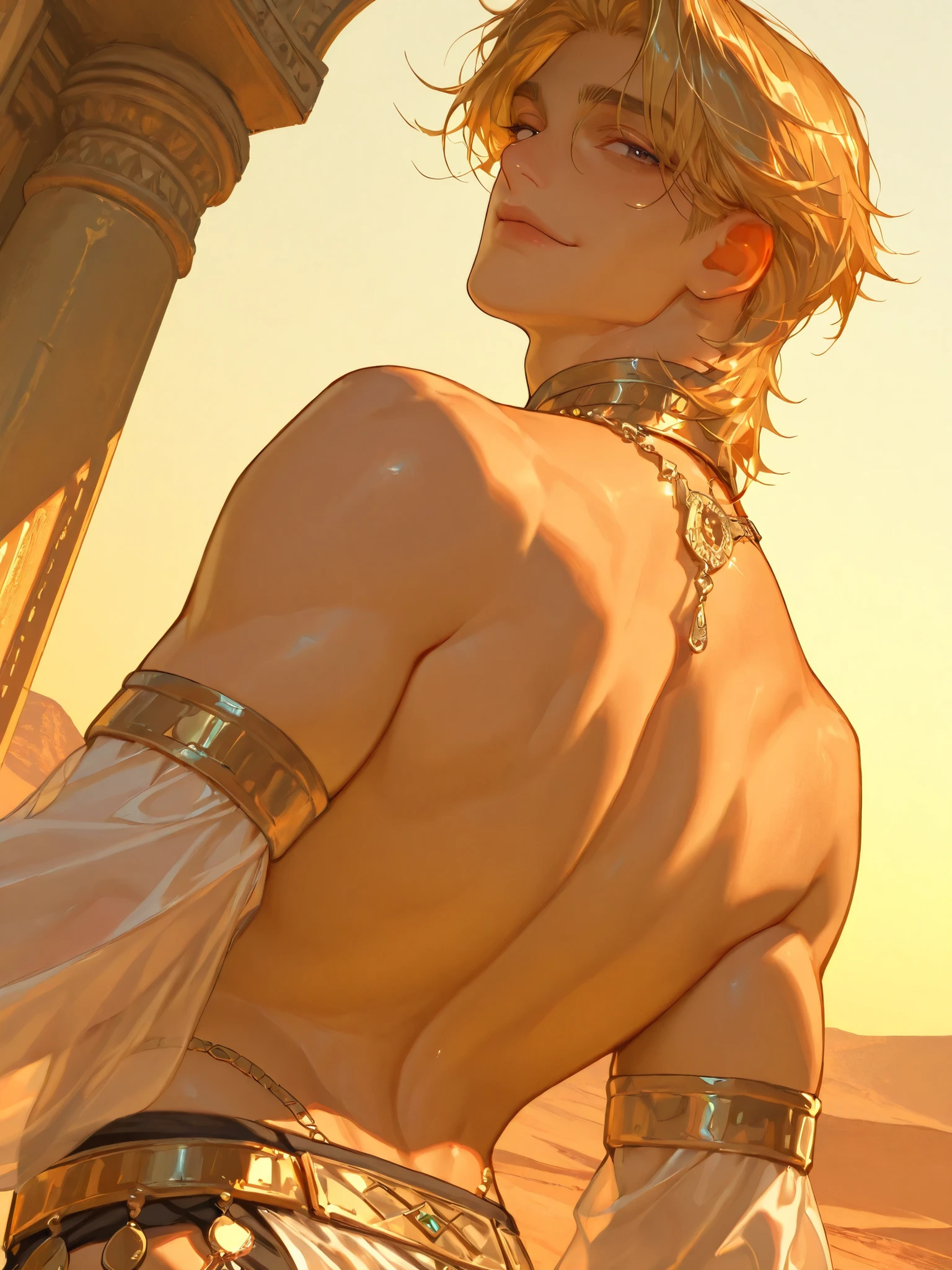 8K ,solo , beautiful masterpiece , 20 year old man , mature man , dishevelled bangs, smooth back hair , handsome , dark eyes , handsome yellow haired , tightly closed lips , male centred , Belly dancer, Dancer , Belly Dancer Outfit, handsome man, perfect eye shape, masterpiece, delicate line drawing focus, rough touch, premium, amazing quality, exquisite detail, very delicate, mature, alone , dynamic angle, perfect hand shape, smiling with pale eyes , Look at the viewer , afternoon sunshine, smiling eyes , Warm colours, Desert background