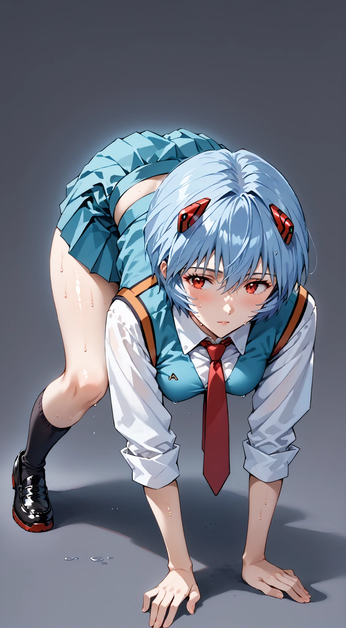 score_9, score_8_up, score_7_up, source_anime, 4K,perfect fingers,(perfect hands, perfect anatomy),prefect lighting, very aesthetic, intricate details,highly detailed background, masterpiece, high quality, best quality, high resolution,
reiayanami, rei ayanami, blue hair, short hair, red eyes, large breast,,
wearing ((school uniform, tie, black socks, black shoes, short pleated skirt, button-up top, )),,
Dark gray background, ((front look:1.5)), ((sweat:1.6)), gym, ((sit ups:1.6)), ((Thighs close together:1.3)),