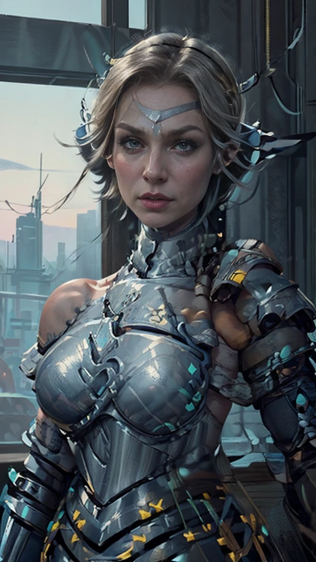 a wonderfull picture of hasmira, a misterious supicious queen with tanned skin and long blond hair, big breasts, from a misterious planet ,a futuristic image that shows the possibilities of ai, a cybernetic woman part of her head made of machinery and computer components, three quarters view, blue neon city background, bright environment ,extremelly detailed,epic dynamic scene, vignette, mdjrny-v4 style