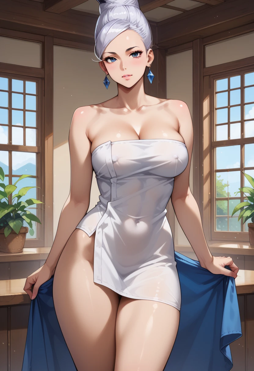 (Ultra Real), (Illustration), (High Resolution), (8K), (Very Detailed), (Best Illustration), (Beautiful Detailed Eyes), (Best Quality), (Super Detailed), (Masterpiece), (Wallpaper), (Detailed Face), Solo, (Dynamic Pose), One Girl, White Wavy Hair on the Bed, Losing Clothes, Japan Person, Iris Colored Eyes, (((Very Thin, Small and Short Night Dress)), Medium , long legs, best ride of legs, (without pantieshout bra)
