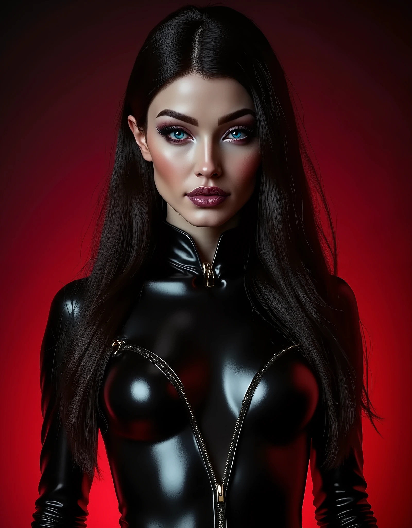 (masterpiece, best quality:1.2), 1girl, solo, woman, (makeup:1.4), turtleneck latex outfit, zipper, highly detailed fur, natural skin texture, 4k textures, Highly detailed perfect , Lightroom, Intricate, Ultra-Realistic, Out There, (HDR:1.3), UHD, (Intricate Detail, Hyper-Detailed:1.1), Cinematic, Photoreal, (Dark Shot:1.2), Dramatic, High Contrast, (Warm Color:1.1) , muted colors, master piece, elegant, sharp focus, looking at the viewer, black to red gradient background, solid dark black with red gradient background, neutral studio background