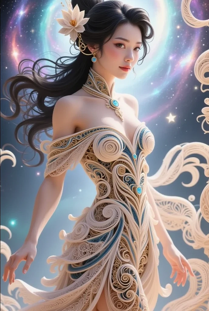 A lovely woman (age 25, sheer airy gown, dragon makeup, big eyes, colorful hair, dancing on a cosmic field of stars, trails of stardust and sparkles