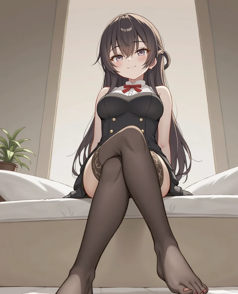 1girl, ultra high res, large chest, cleavage, playboy bunny girl, bunny ears, black stocking, crossed leg, sitting, very low angle feet, smile