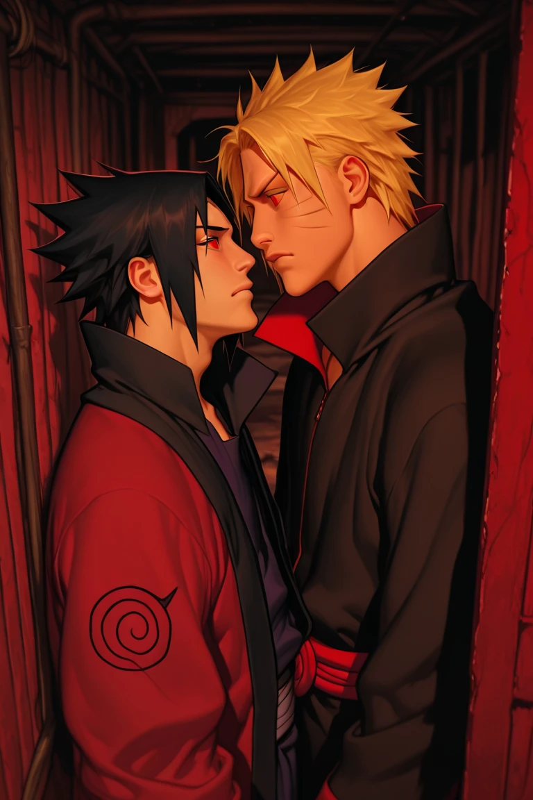2boys, Naruto Uzumaki, Sasuke Uchiha, 2 boys kiss, anime Naruto, konoha village from anime naruto on the background