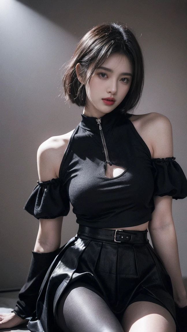Girl, woman, emo_hairstyle, black lipstick, dog collar, eyeliner, eye shadow, smoky eyes, realistic lighting, short hair, cleavage, standing up, sweater dress, open chest sweater.