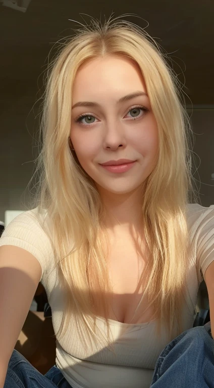 selfie, laying on the couch with a t shirt, young and cute face, chubby, best quality, Meisterwerk, Realistisches Foto, Komplizierte Details, RAW-Foto, Ultra-detailliert, blondes haar, cute face, Körpchengröße B, blondes Haar, perfekte und blaue Augen, HD quality, 8K, young woman, 20 Jahre alt