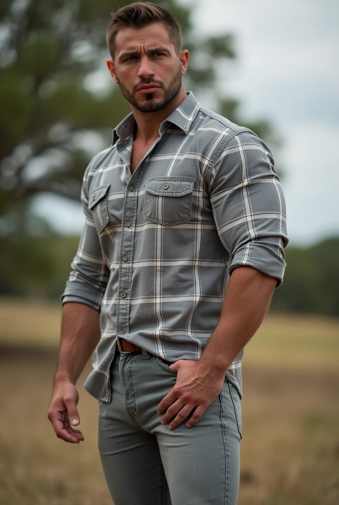 6 feet tall body builder white bald men wearing unbuttoned double brown pocket check shirt with logos at park