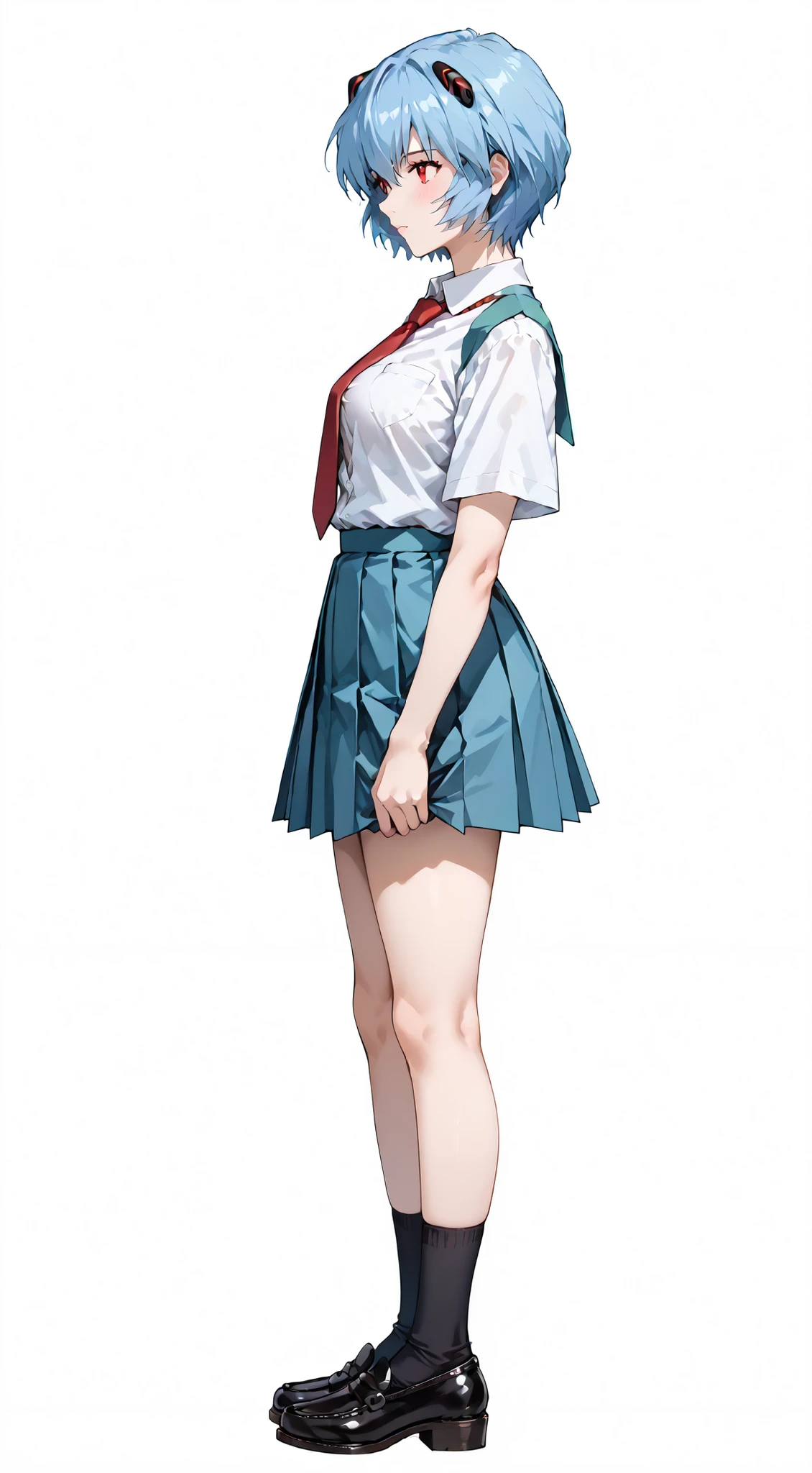 Beautiful girl with long black hair, Black hair embellishment, And lovely features, , Large Breasts, Squint, , Wearing a blue tight shirt, （Tight pink skirt），Show your arms，Full body standing, Posing with a gentle smile (Hands behind back pose) White background，Visible in right eye，Full body standing