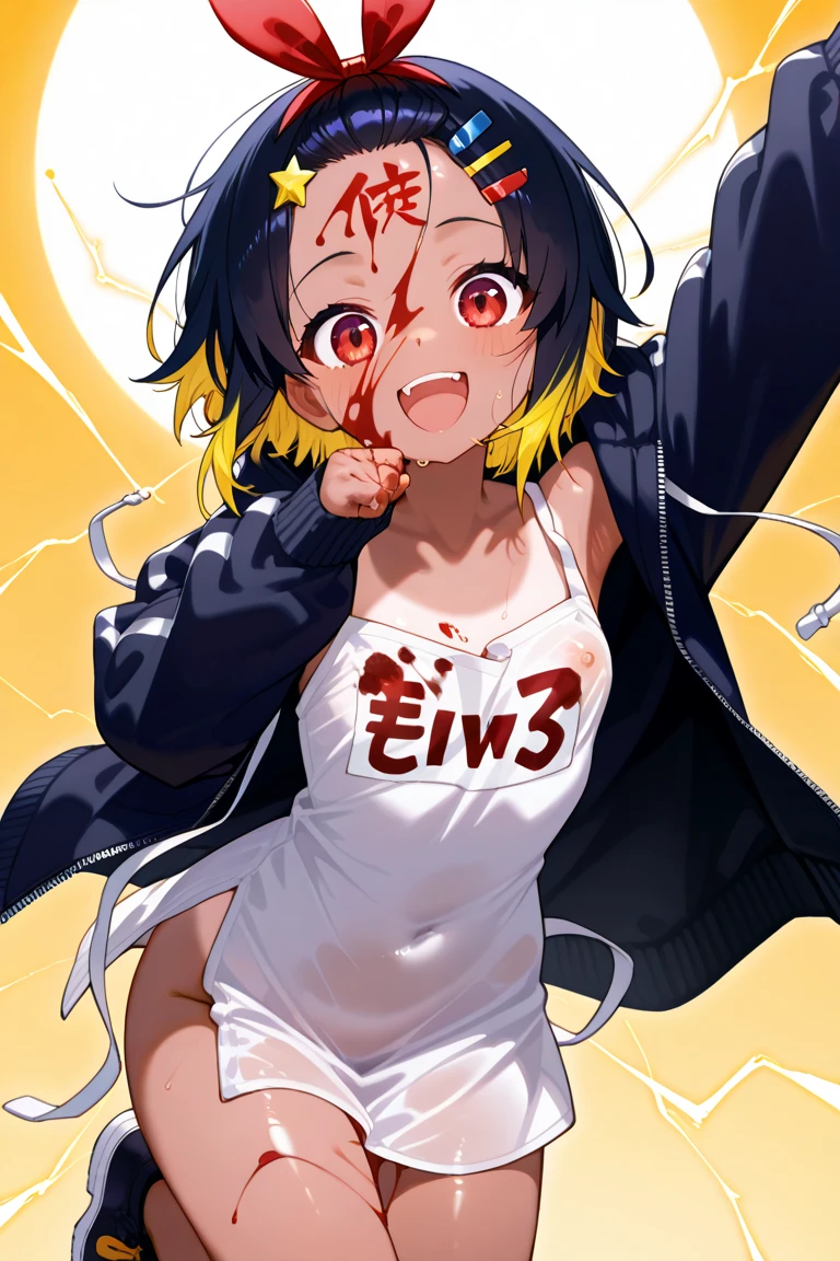 ((Highest quality)), ((masterpiece)), (be familiar with),Akane Sawatari,((Small breasts)),((Pointy nipples)),Tattoo of the uterus, Red hoodie,Shorts
