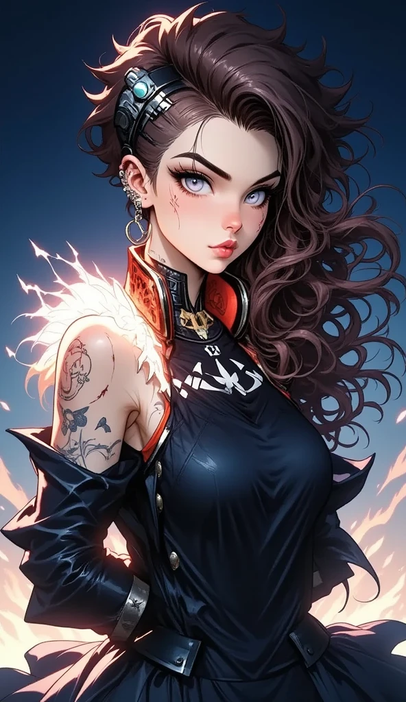 background, mixed-language_text, Japanese graffiti letters, a young warrior with long black hair cascading down her back. His eyes are a deep shade of amber, which shine with intensity when he is in battle. She possesses an athletic and slender appearance, with a confident and determined posture. Her skin has a light tan tone, evidencing her strength and endurance, photo, sticker art, freedom, soul, digital illustration, comic style, centered, approaching perfection, dynamic, highly detailed, watercolor painting, artstation, concept art, smooth, sharp focus, illustration, art by carne griffiths and ,alone anime, centered, approaching perfection, drawing style illustrator, anime style, body with futuristic tribal tattoo style designs in dragon shape,  serious face and ultra detailed artwork, graffiti style destroyed city scenery with camera focus,
