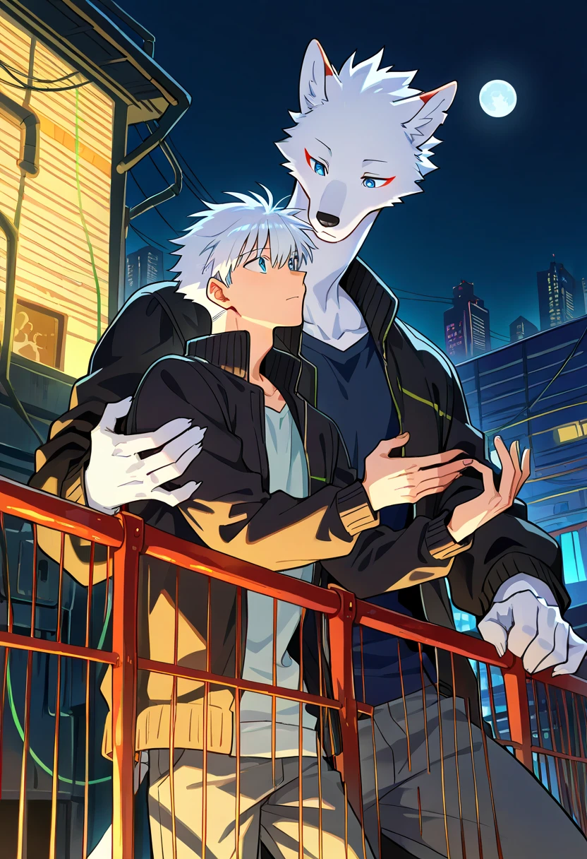 Light blue eyes + blue-gray hair + casual dress + right eye scar + cute domineering male wolf + exquisite (both can be attacked)