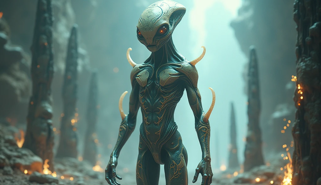 repitilian, alien, with three fingers, without tail, strong legs, fragile arms, 3 to 4 meters tall