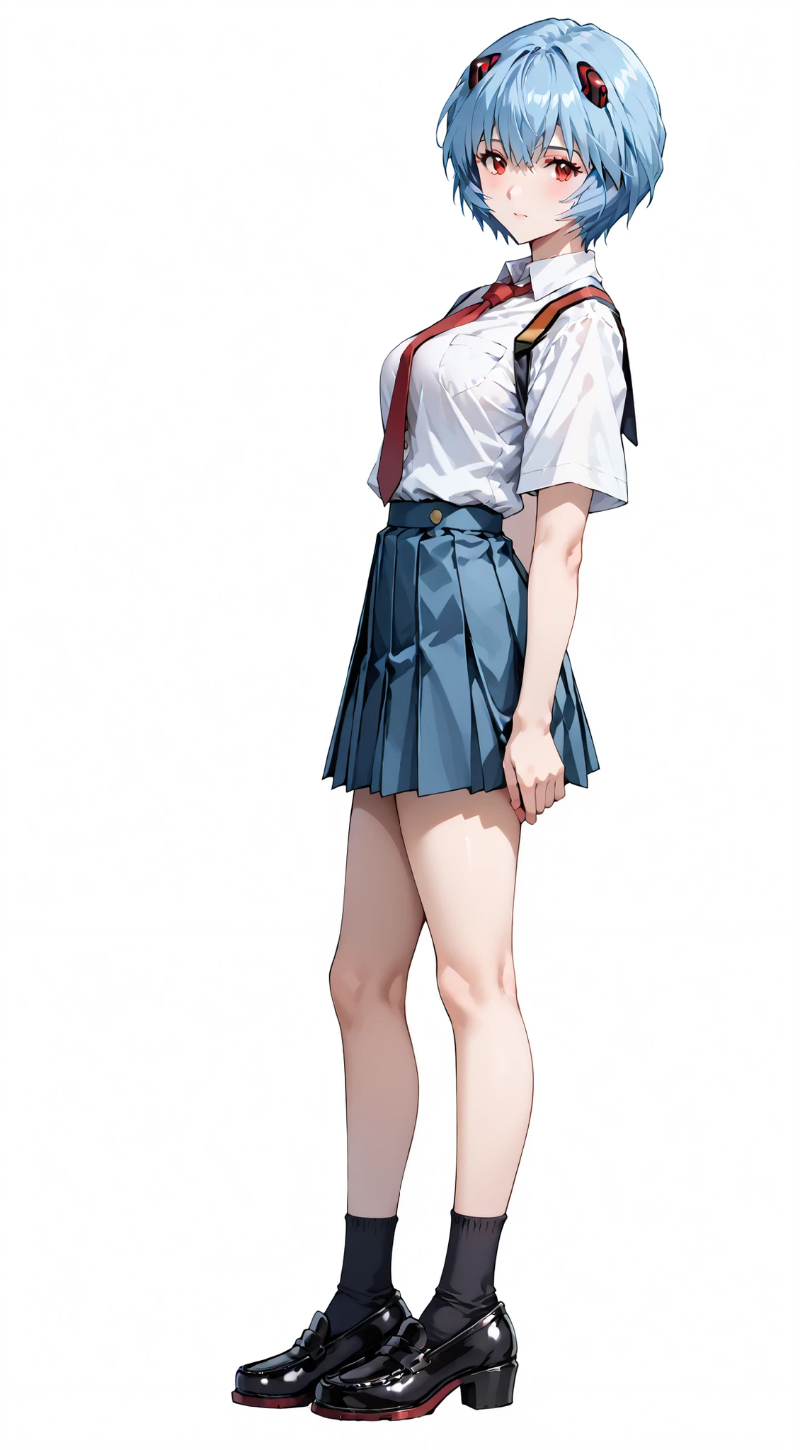 score_9, score_8_up, score_7_up, source_anime, 4K,perfect fingers,(perfect hands, perfect anatomy),prefect lighting, very aesthetic, intricate details,highly detailed background, masterpiece, high quality, best quality, high resolution,
reiayanami, rei ayanami, blue hair, short hair, red eyes, large breast,,
wearing ((school uniform, tie, black socks, black shoes, short pleated skirt, button-up top, )),,
((White plain background:1.5)) ,((front look:1.5)), ((full body photo)), ((Side View:1.2)), ((looking at viewer:1.4)),