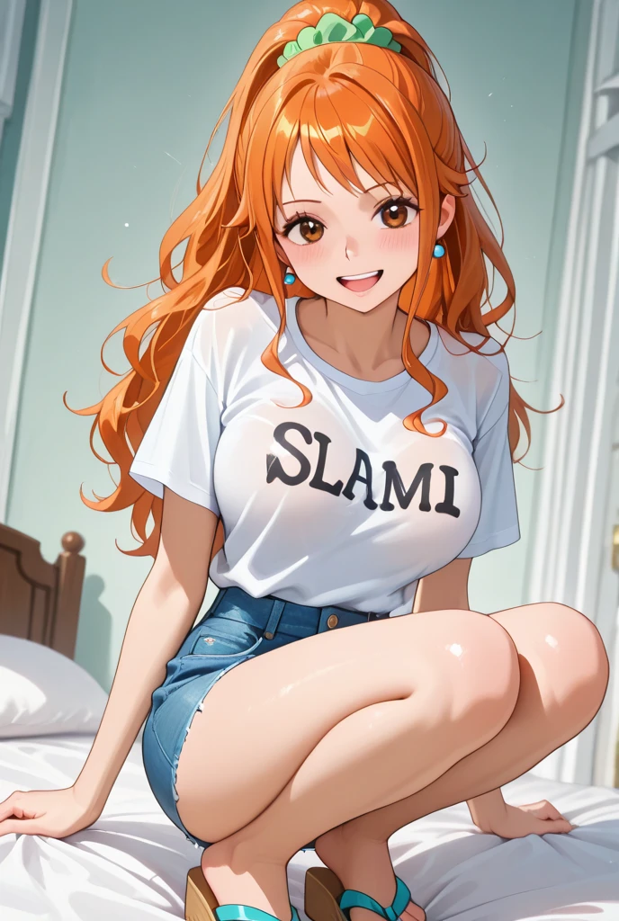 masutepiece, Best Quality, hight resolution, I, Long hair, Ahoge, clavicle, printed shirt, White shirt, raglan sleeves, clothes around waist, Plaid microshorts, Smile, Waving, Leaning back, Bad Woman、sadistic、Muchimuchi、clong legs、long legged、thighs thighs thighs thighs、Eyes pink、Grinning、Smile、is standing、Sweating:1.5), (steam:1.3), ((((blush))))),Absolute area、(black leather thigh boots)、a room、Hi-Res, 1girl in, ,},{{solo,Boyish 1 Girl}} is standing,,{18year old},and leather boots}Emphasis on the thighs、thighs thighs thighs thighs、clong legs、long legged、Boots longer than the thigh