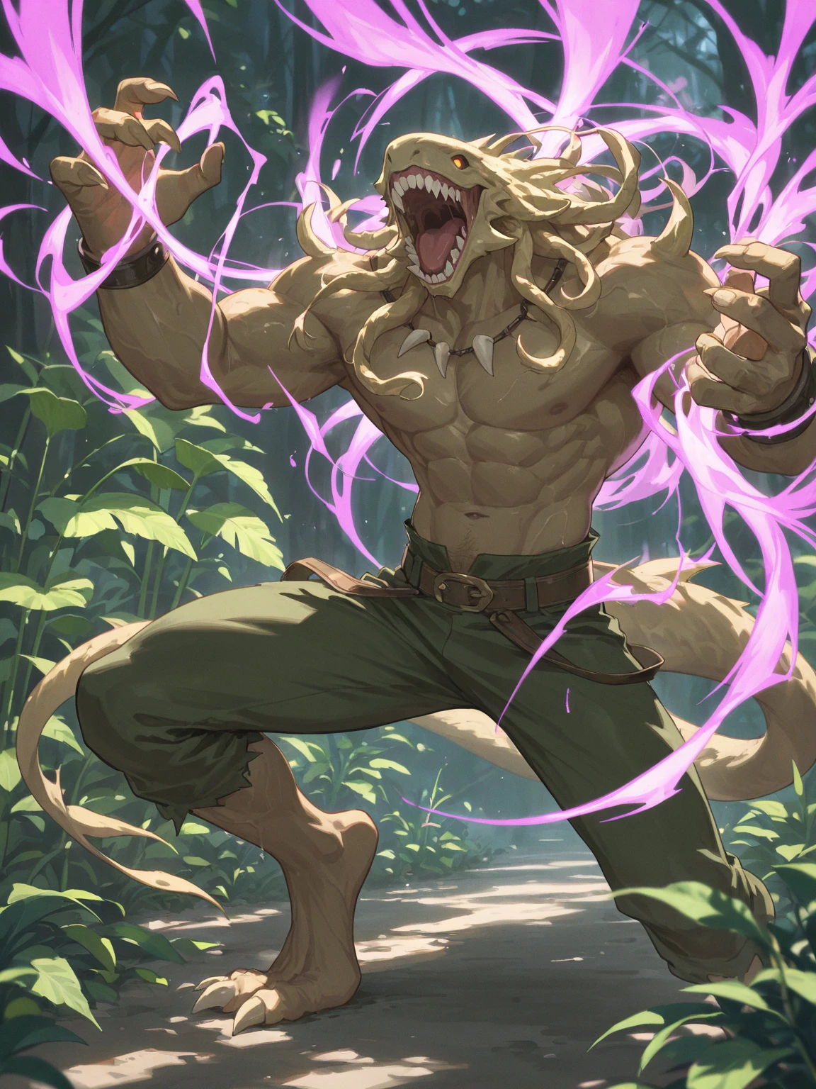 huge brown lion、brown body、pubic hair、chest hair、Navel hair、Green detailed eyes、dark green mane、Huge crotch bulge、Sideways body、dark limestone cave background、Running Pose、Angle from the side diagonally、Completely naked、Body wet with a large amount of milk、Screaming expression、angry look、lots of pink tentacles