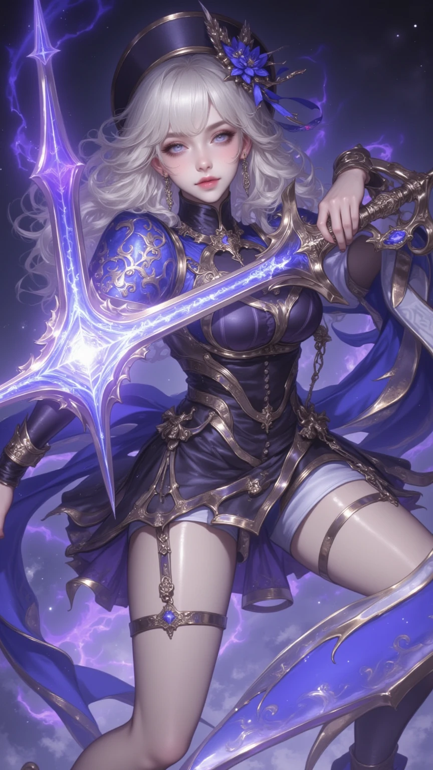 Colorful, 1 girl, White hair, Purple eyes, sexual, double hilt, Sword, hand sword, blue flames, Glitter, shiny weapon, light Particle, Wallpaper, chromatic abberation,